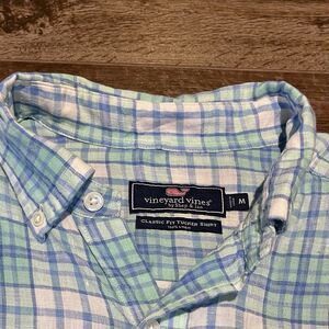 Vineyard Vines Linen Tucker Shirt Mens Medium Blue Plaid Seersucker Short Sleeve